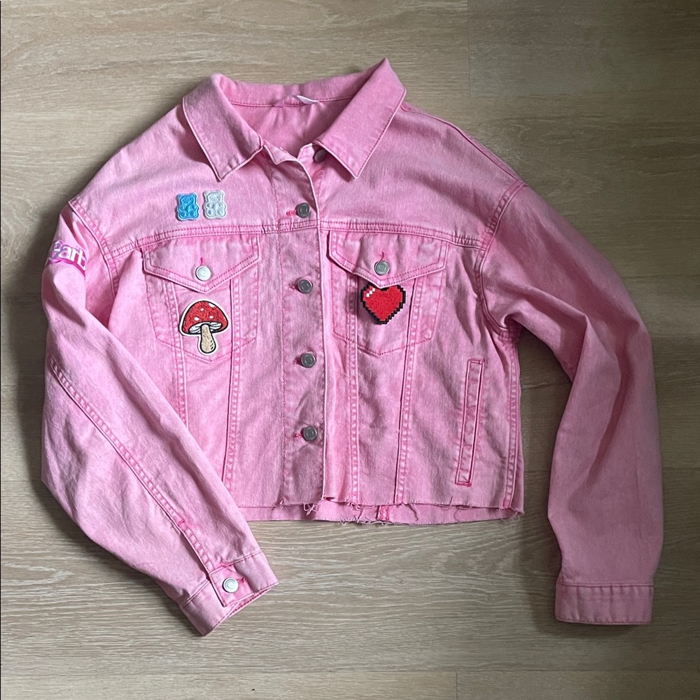 Pink denim patch crop jacket